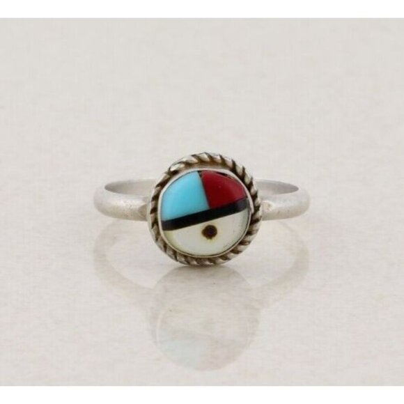 Unbranded Jewelry - Sterling Silver Turquoise Coral Onyx Mother of Pearl Zuni Face Ring Size 4 1/2